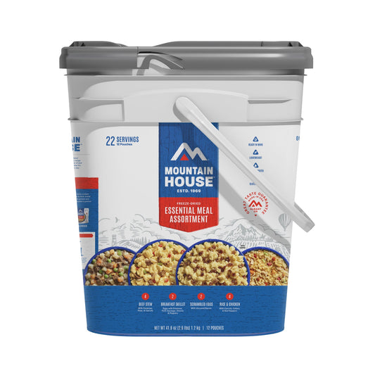 Mountain House Essential Assortment Bucket 12 Pouches- Gluten-Free Meals | Freeze Dried Backpacking & Camping Food | 22 Servings