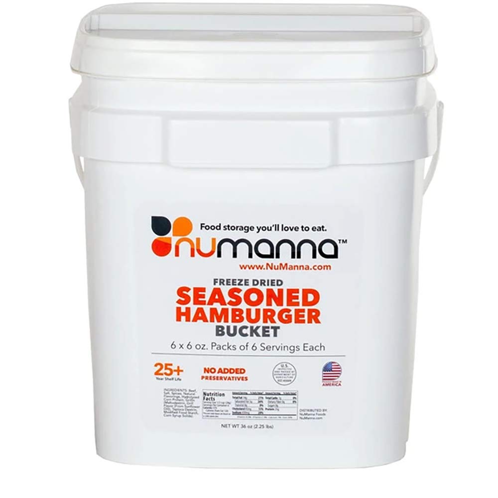 Numanna Freeze-Dried Seasoned Hamburger Beef Bucket 36 Meals , 25 Plus Year Shelf Life