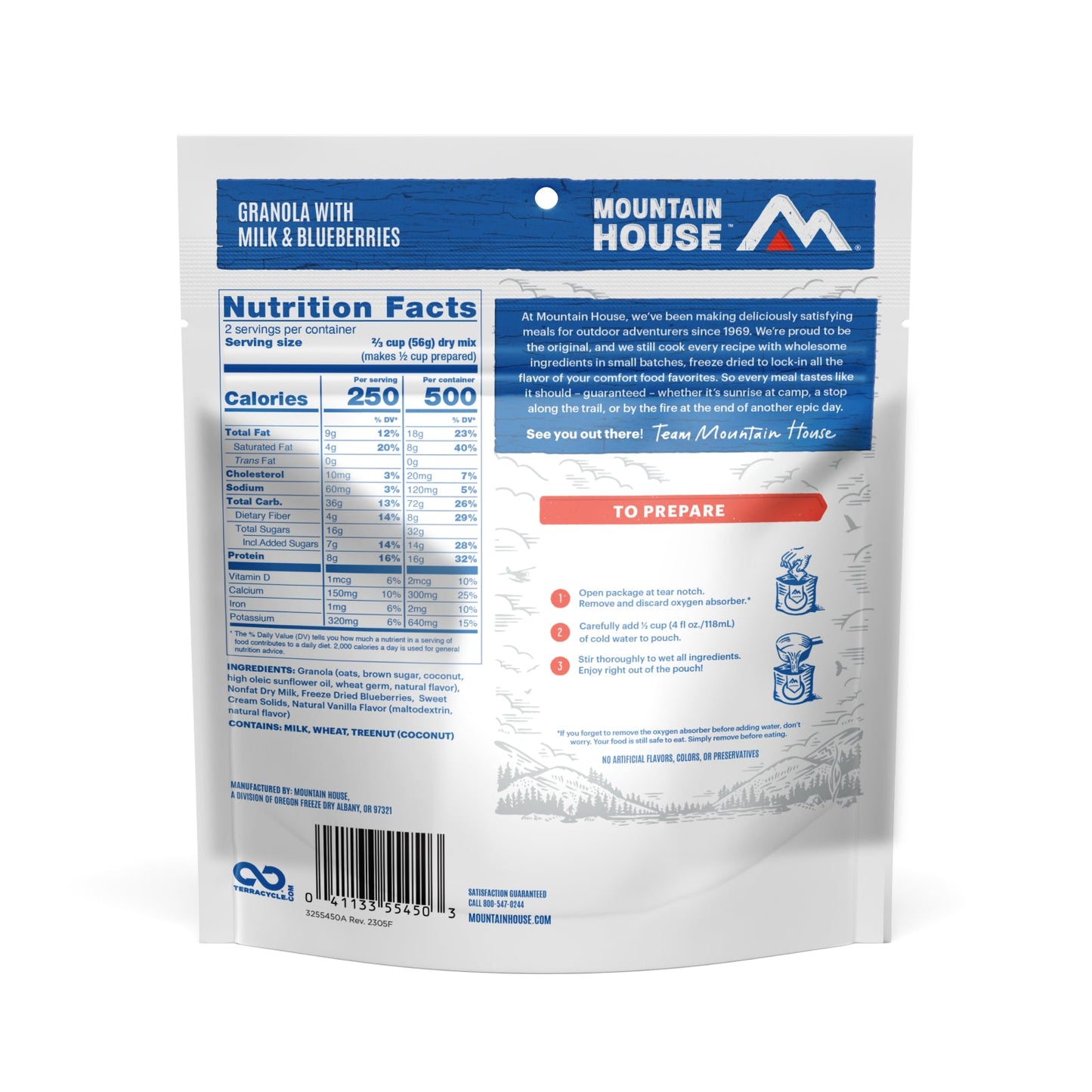 Mountain House Granola With Milk And Blueberries 6-Count Pouches | Freeze Dried Backpacking & Camping Food