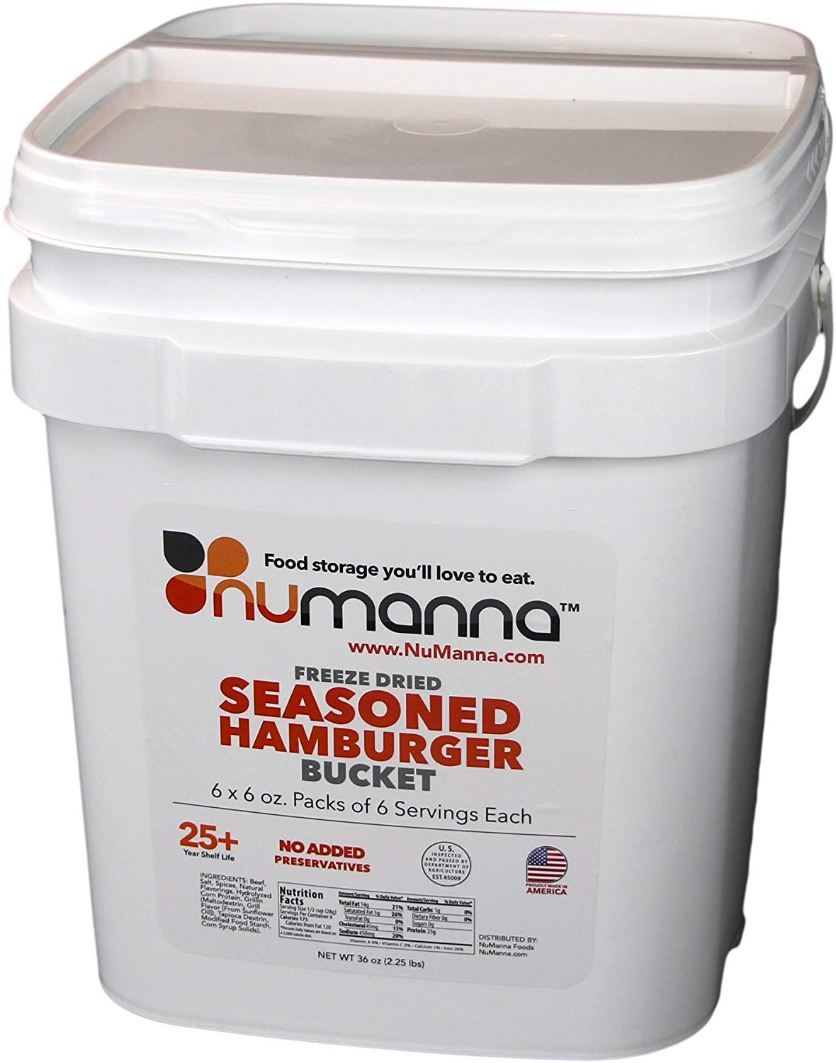 Numanna Freeze-Dried Seasoned Hamburger Beef Bucket 36 Meals , 25 Plus Year Shelf Life