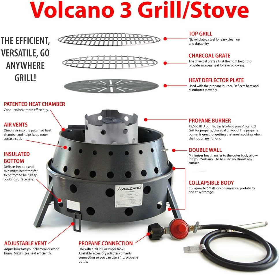 Volcano Grills 3-Fuel Portable Camping Stove/Fire Pit, Charcoal, Collapses Down to 5 inches; for Convenient Portability and Storage (VL-20-300)