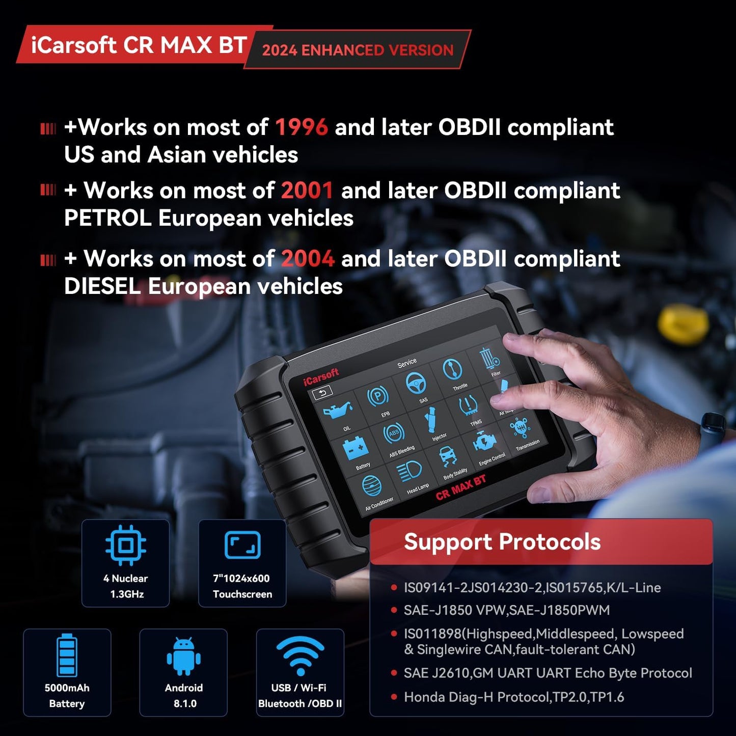 iCarsoft CR Max BT (Enhance Version) Bluetooth Bidirectional Scan Tool, All System, 49 Reset+Extra 38 Service-Oil/EPB/BMS/SAS/SRS/ABS etc.OBD2 Diagnostic Scanner, 4-in-1 Live Graphing, Free Update