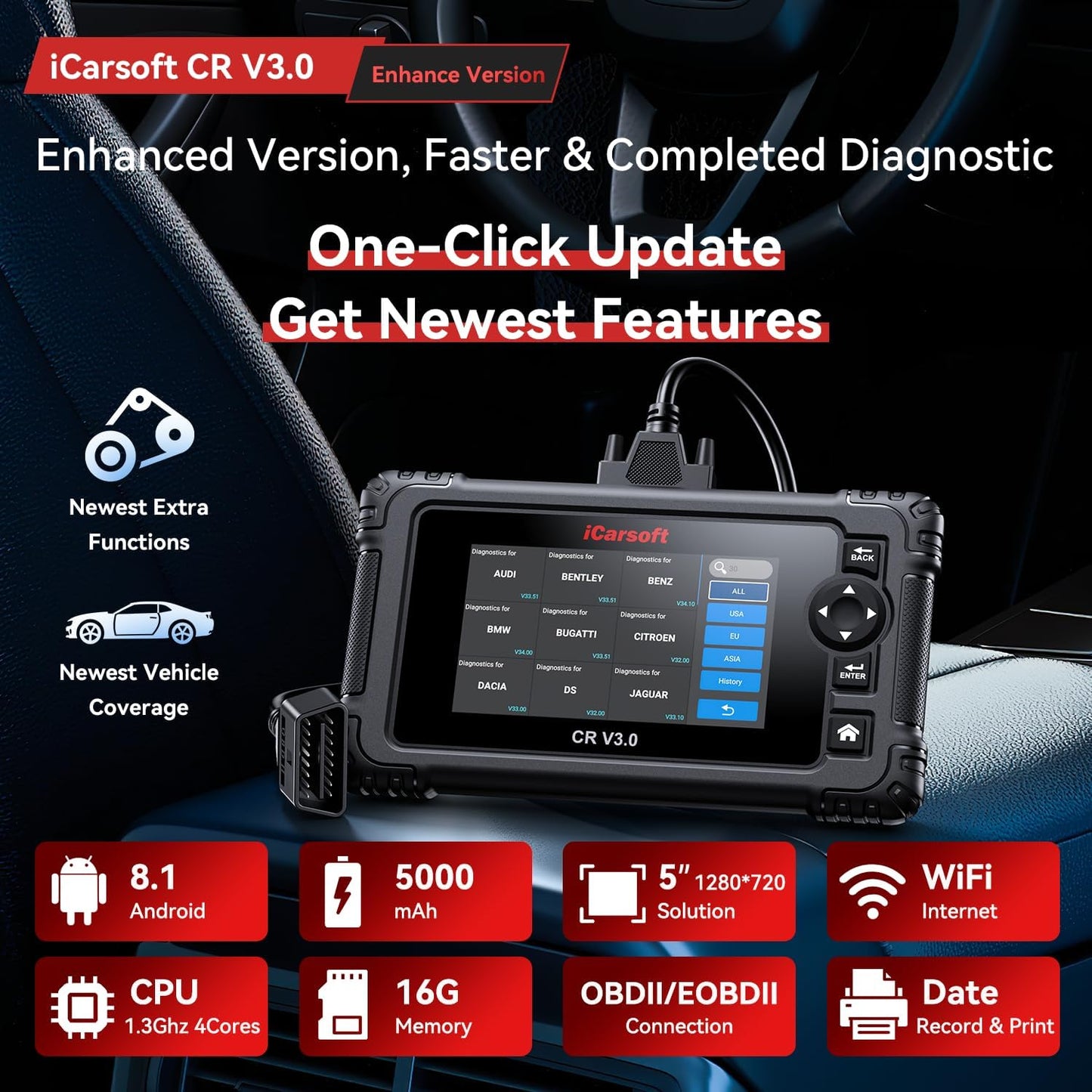 Bidirectional OBD2 Scanner Diagnostic Tool, iCarsoft CR V3.0 (Enhance Version) Vehicle Scan Tool 45 Reset+38 Extra Services,All System, Active Test Code Reader, Auto VIN, Free Update