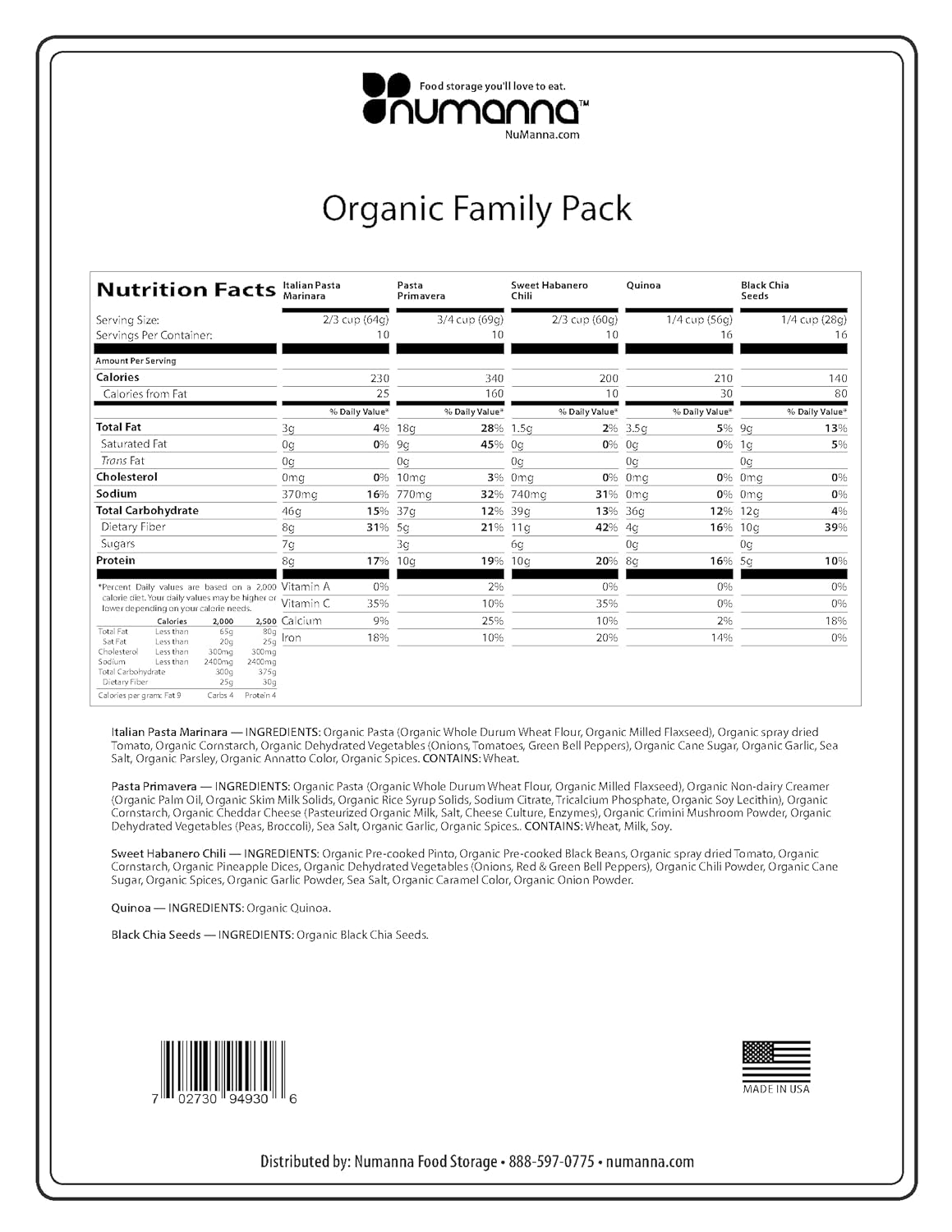 NuManna Organic Family Pack Bucket - 162 Servings