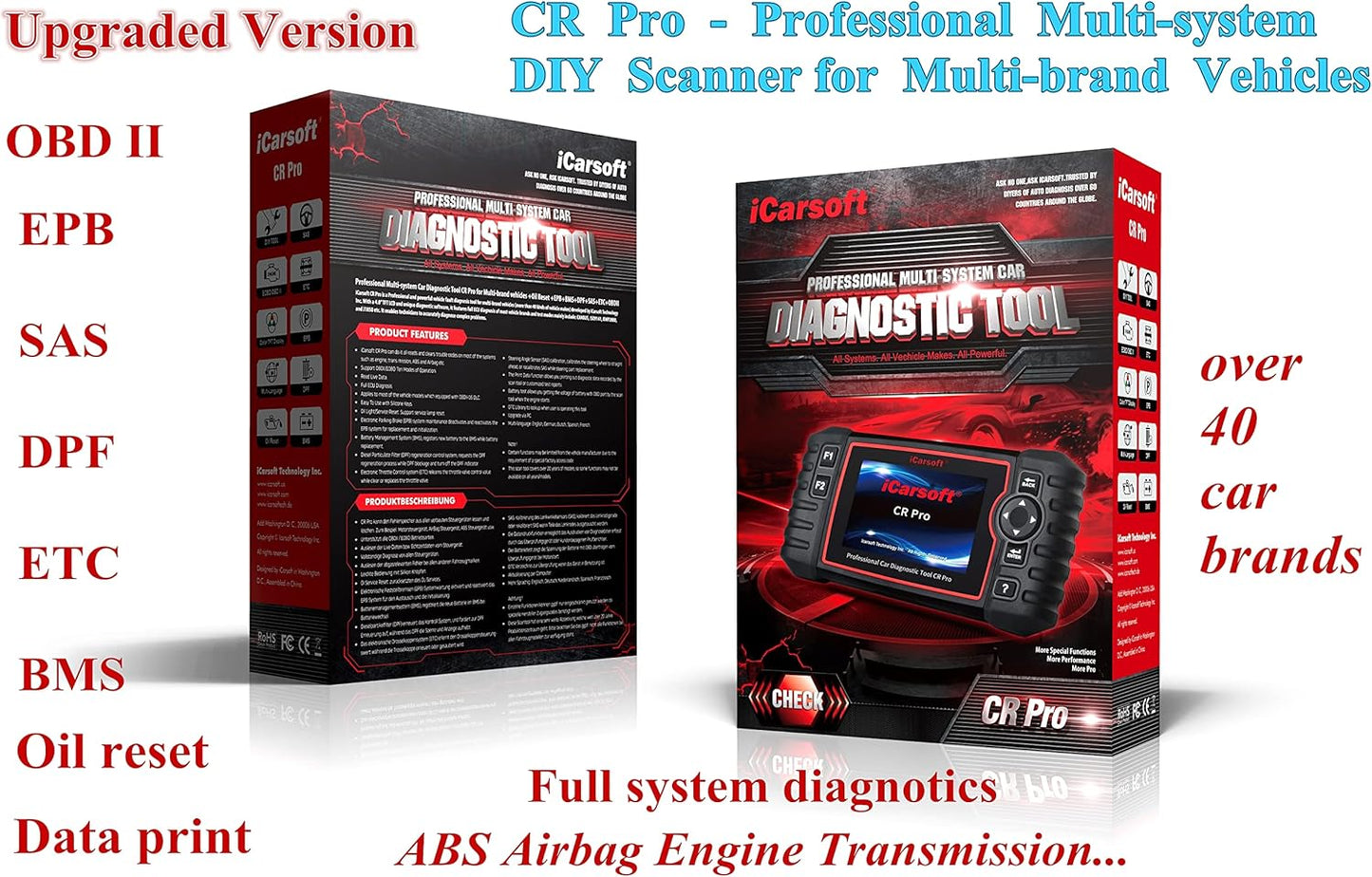 iCarsoft CR Pro Multi-Systems Diagnostic Scan Tool for Multi-Brand Vehicles +Oil Reset+EPB+BMS++SAS+ETC+BLD+INJ