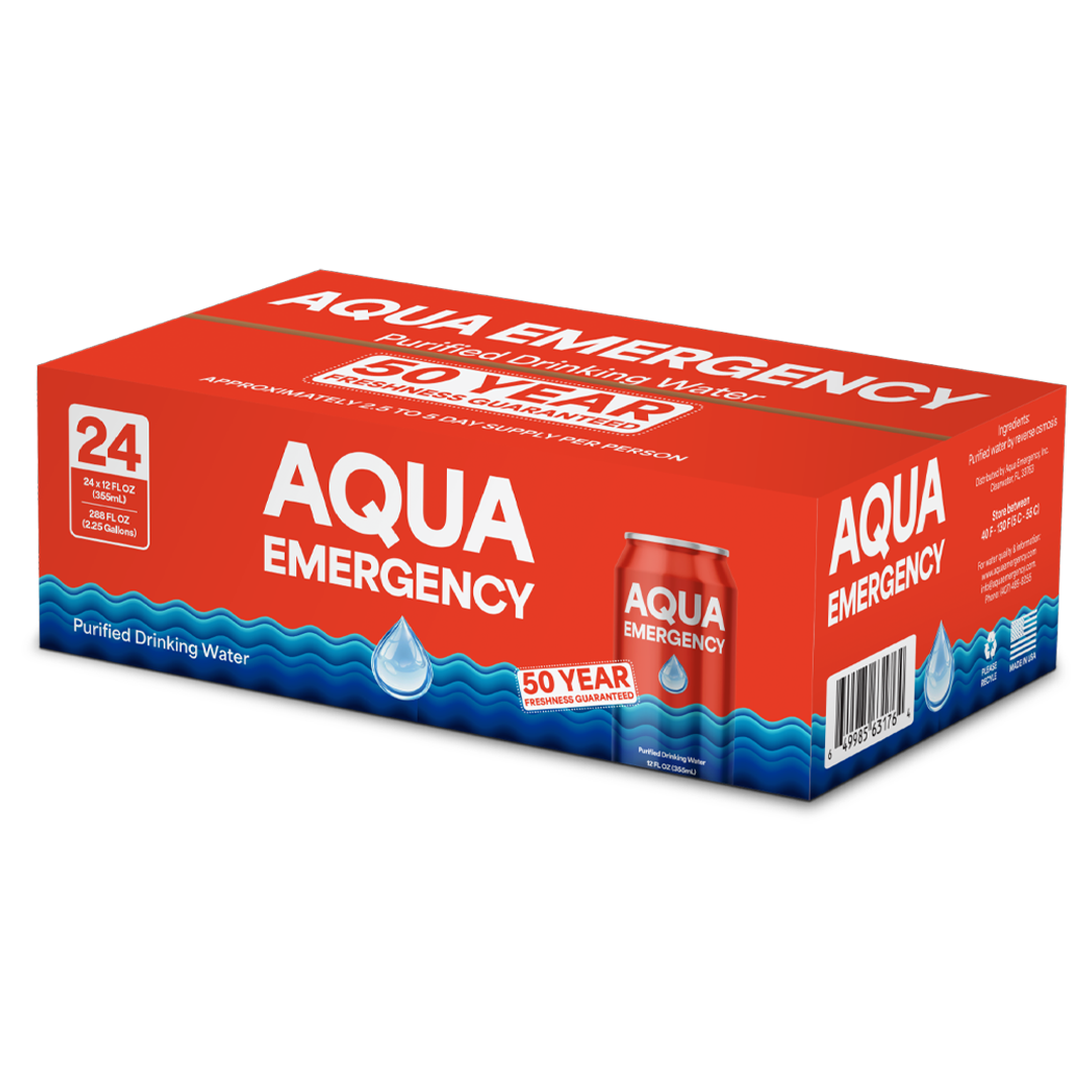 Aqua Emergency Water Pallet of 100 cases, each case 24 Cans, 50 year shelf life