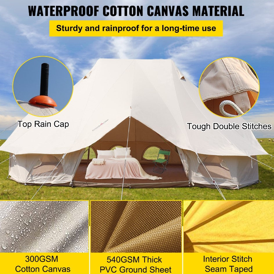 VEVOR 6m Bell Tent 19.7x13.1x9.8 ft Yurt Beige Canvas Tent Cotton Glamping Tents 8-12 Person 4 Season Teepee Tent Portable for Adults Luxury Safari Tent for Family Outdoor Camping Lightweight