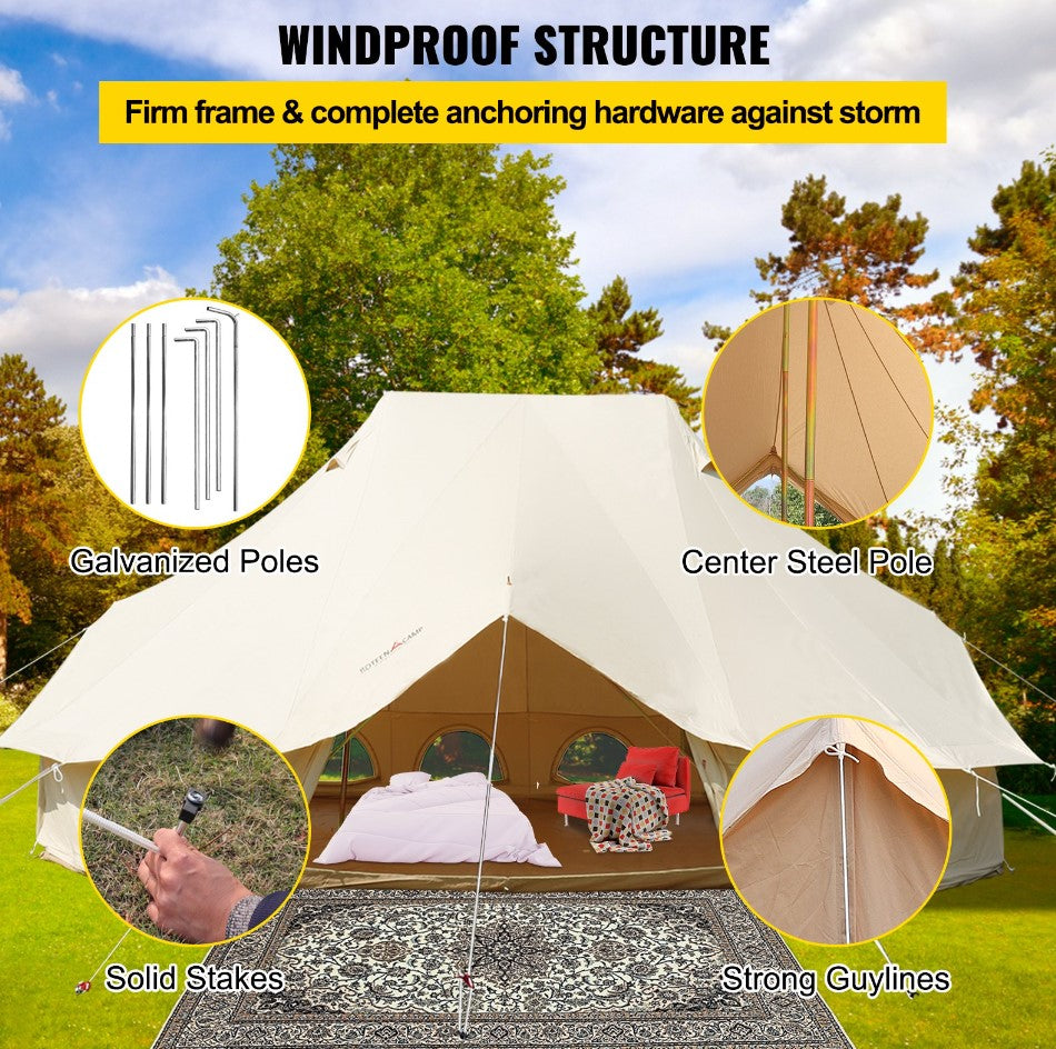 VEVOR 6m Bell Tent 19.7x13.1x9.8 ft Yurt Beige Canvas Tent Cotton Glamping Tents 8-12 Person 4 Season Teepee Tent Portable for Adults Luxury Safari Tent for Family Outdoor Camping Lightweight