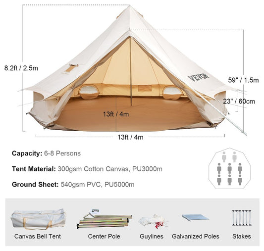 VEVOR Canvas Bell Tent, 4 Seasons Breathable 100% Cotton Canvas Yurt Tent - w/Stove Jack, Luxury Glamping Tent Waterproof Canvas Tents for Family Camping Outdoor Hunting Party