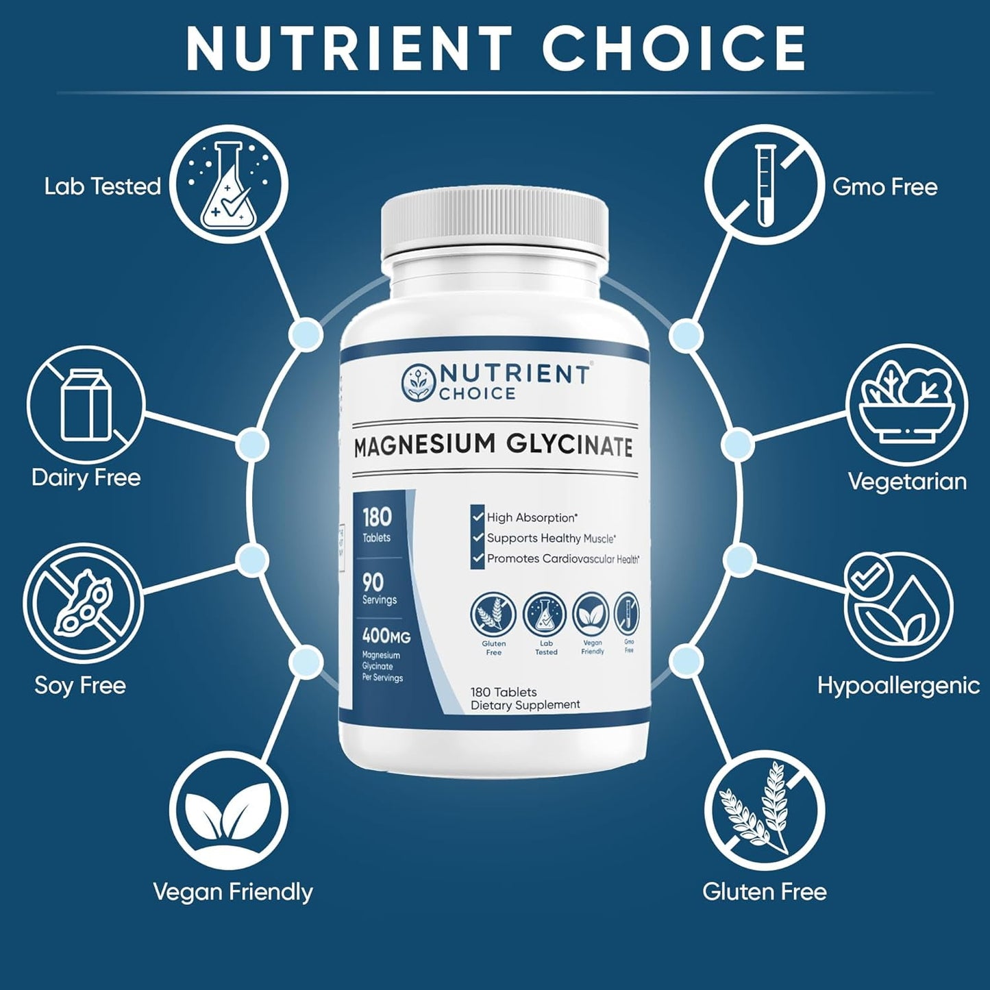 Nutrient Choice 400 mg Magnesium Glycinate 180 Tablets 90 Servings