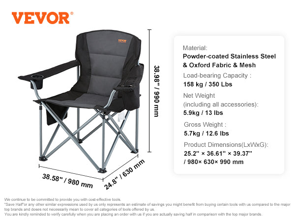 VEVOR Camping Folding Chair for Adults, Portable Heavy Duty Outdoor Quad Lumbar Back Padded Arm Chairs with Side Pockets, Cup Holder and Cooler Bag for Beach, Lawn, Picnic, Fishing, Backpacking, Black