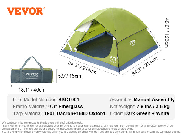 VEVOR Camping Tent, 7 x 7 x 4 ft Fit for 3 Person, Waterproof Lightweight Backpacking Tent, Easy Setup, with Door and Window, for Outdoor Family Camping, Hiking, Hunting, Mountaineering Travel