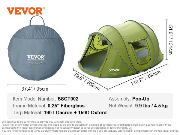 VEVOR Camping Tent, 9.2 x 6.6 x 4.3 ft Pop Up Tent for 4 Person, Easy Setup Waterproof Backpacking Tent, with Door and Window, for Outdoor Family Camping, Hiking, Hunting, Mountaineering Travel