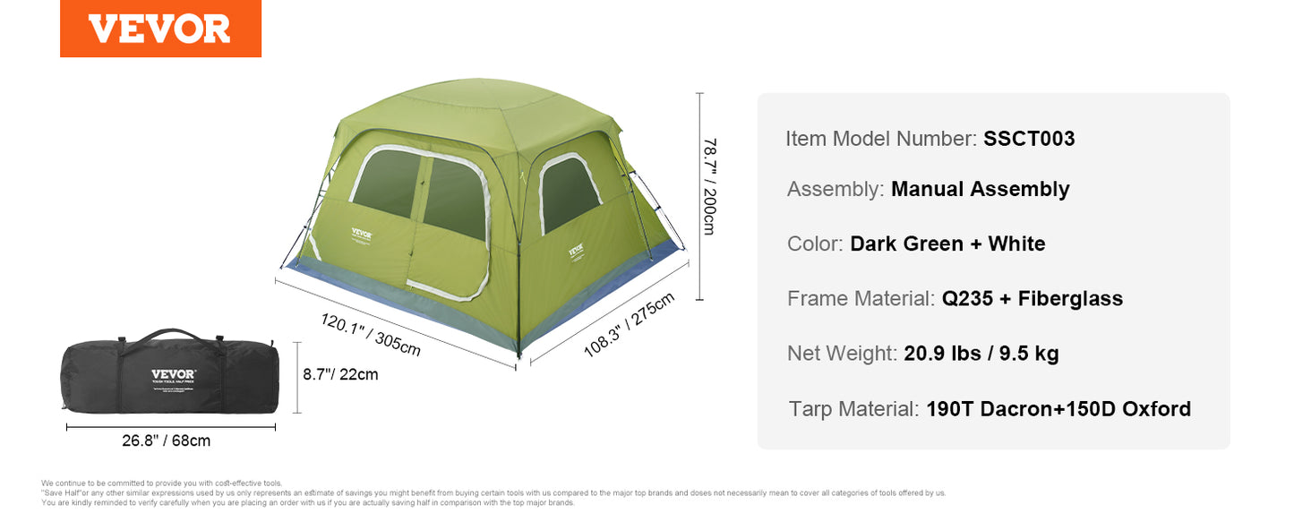 VEVOR Camping Tent, 10 x 9 x 6.5 ft Fit for 6 Person, Waterproof Lightweight Backpacking Tent, Easy Setup, with Door and Window, for Outdoor Family Camping, Hiking, Hunting, Mountaineering Travel