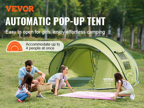 VEVOR Camping Tent, 9.2 x 6.6 x 4.3 ft Pop Up Tent for 4 Person, Easy Setup Waterproof Backpacking Tent, with Door and Window, for Outdoor Family Camping, Hiking, Hunting, Mountaineering Travel