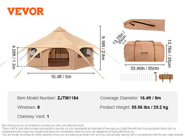 VEVOR Canvas Tent, 4 Seasons 5 m/16.4 ft Bell Tent, Canvas Tent for Camping with Stove Jack, Breathable Yurt Tent for up to 8 People, Family Camping Outdoor Hunting Party