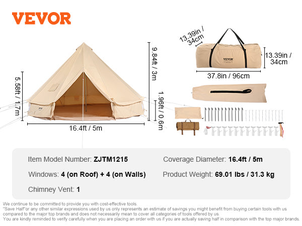 VEVOR 8-10 Person Canvas Glamping Bell Tent, Breathable Waterproof Yurt Tent with Stove Jack and Detachable Side Wall for Family Camping,16'x16'x118 "(Diameter 5M)