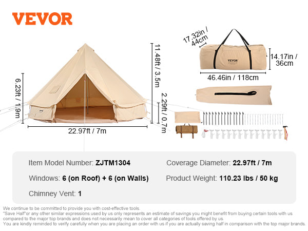 VEVOR 12 Person Canvas Glamping Bell Tent, Breathable Waterproof Large Yurt Tent with Stove Jack and Detachable Side Wall for Family Camping, 23'x23'x137"(Diameter 7M)