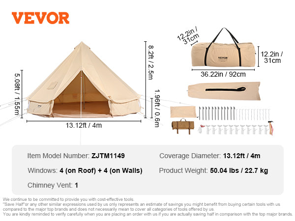 VEVOR 3-5 Person Canvas Glamping Bell Tent, Breathable Waterproof Yurt Tent with Stove Jack and Detachable Side Wall for Family Camping, 10'x 10'x98"(Diameter 3M)