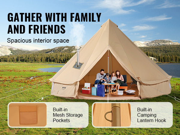 VEVOR 12 Person Canvas Glamping Bell Tent, Breathable Waterproof Large Yurt Tent with Stove Jack and Detachable Side Wall for Family Camping, 23'x23'x137"(Diameter 7M)