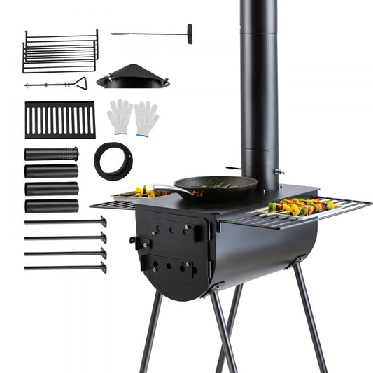 VEVOR Wood Stove, 118 inch, Alloy Steel Camping Tent Stove, Portable Wood Burning Stove with Chimney Pipes & Gloves, 3000in³Firebox Hot Tent Stove for Outdoor Cooking and Heating with 8 Pipes