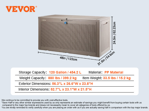 VEVOR Deck Box, 100 Gallon Outdoor Storage Box, 48.0" x 21.5" x 24.5", Waterproof PP Deckbox with Aluminum Alloy Padlock, for Patio Furniture, Pool Toys, Garden Tools, Outdoor Cushions, Gray