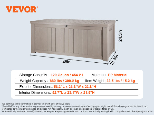 VEVOR Deck Box, 120 Gallon, 56.3" x 26.6" x 23.8" Outdoor Storage Box, Waterproof PP Deckbox with Aluminum Alloy Padlock, for Patio Furniture, Garden Tools, Pool Toys, Outdoor Cushions, Gray