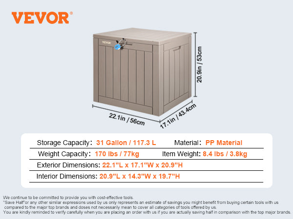 VEVOR Deck Box, 31 Gallon Outdoor Storage Box, 22.1" x 17.1" x 20.9" , Waterproof PP Deckbox with Aluminum Alloy Padlock, for Patio Furniture, Pool Toys, Garden Tools, Outdoor Cushions, Gray