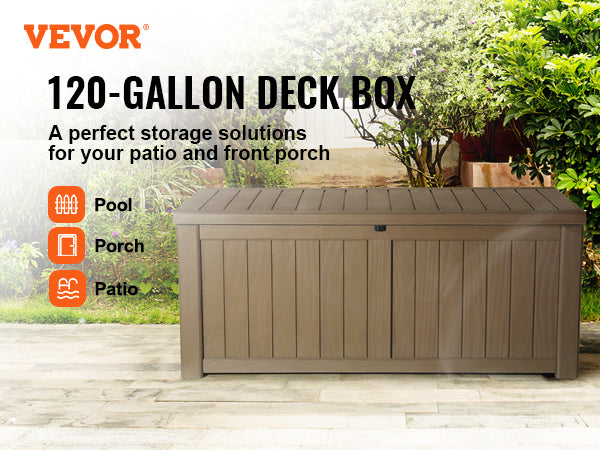 VEVOR Deck Box, 120 Gallon, 56.3" x 26.6" x 23.8" Outdoor Storage Box, Waterproof PP Deckbox with Aluminum Alloy Padlock, for Patio Furniture, Garden Tools, Pool Toys, Outdoor Cushions, Gray