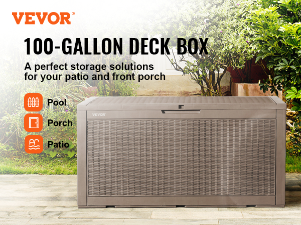 VEVOR Deck Box, 100 Gallon Outdoor Storage Box, 48.0" x 21.5" x 24.5", Waterproof PP Deckbox with Aluminum Alloy Padlock, for Patio Furniture, Pool Toys, Garden Tools, Outdoor Cushions, Gray