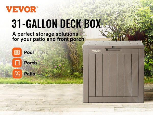 VEVOR Deck Box, 31 Gallon Outdoor Storage Box, 22.1" x 17.1" x 20.9" , Waterproof PP Deckbox with Aluminum Alloy Padlock, for Patio Furniture, Pool Toys, Garden Tools, Outdoor Cushions, Gray