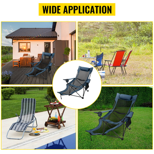 VEVOR Folding Camp Chair with Footrest Mesh, Portable Lounge Chair with Cup Holder and Storage Bag, for Camping Fishing and Other Outdoor Activities