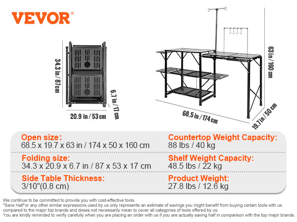 VEVOR Camping Kitchen Table, One-piece Folding Portable Cook Station with A Carrying Bag, Long Aluminum Camping Table 3 Side Tables, 2 Shelves & A Detachable Sink for Outdoor Picnics, BBQs, Camping