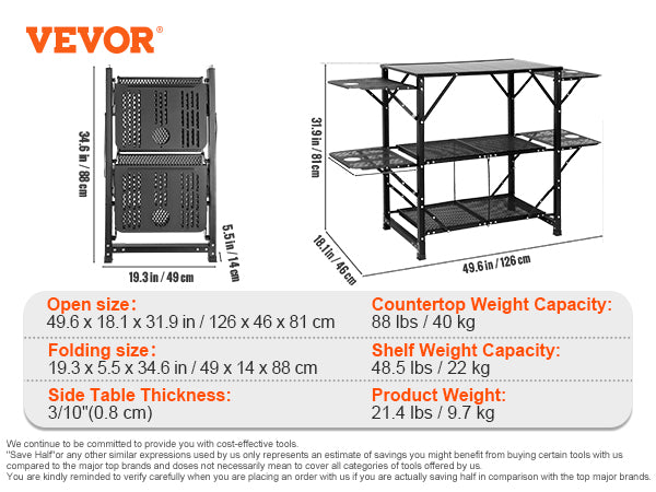 VEVOR Camping Kitchen Table, One-piece Folding Portable Cook Station with A Carrying Bag, Aluminum Camping Table 4 Iron Side Tables & 2 Shelves, Ideal for Outdoor Picnics, BBQs, Camping, RV Traveling