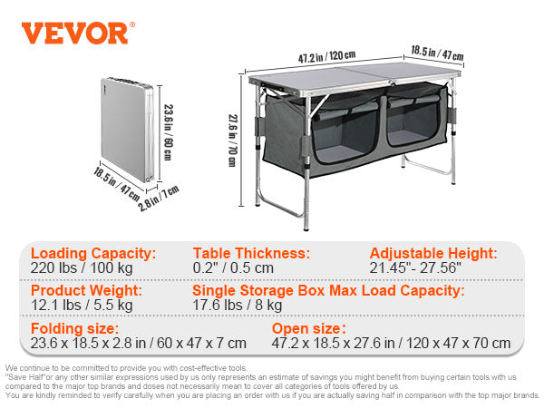 VEVOR Camping Kitchen Table, Quick set-up Folding Camping Table, 3 Adjustable Heights, MDF Camping Table, Ideal for Outdoor Picnics, BBQs, Camping, RV Traveling