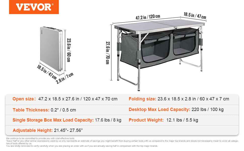 VEVOR Camping Kitchen Table, Quick set-up Folding Camping Table, 3 Adjustable Heights, MDF Camping Table, Ideal for Outdoor Picnics, BBQs, Camping, RV Traveling