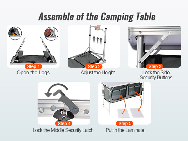 VEVOR Camping Kitchen Table, Quick set-up Folding Camping Table, 3 Adjustable Heights, MDF Camping Table, Ideal for Outdoor Picnics, BBQs, Camping, RV Traveling