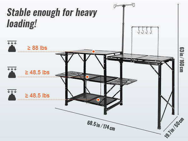 VEVOR Camping Kitchen Table, One-piece Folding Portable Cook Station with A Carrying Bag, Long Aluminum Camping Table 3 Side Tables, 2 Shelves & A Detachable Sink for Outdoor Picnics, BBQs, Camping