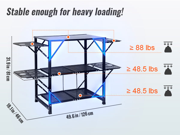 VEVOR Camping Kitchen Table, One-piece Folding Portable Cook Station with A Carrying Bag, Aluminum Camping Table 4 Iron Side Tables & 2 Shelves, Ideal for Outdoor Picnics, BBQs, Camping, RV Traveling