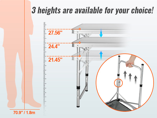 VEVOR Camping Kitchen Table, Quick set-up Folding Camping Table, 3 Adjustable Heights, MDF Camping Table, Ideal for Outdoor Picnics, BBQs, Camping, RV Traveling