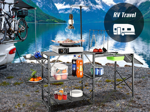 VEVOR Camping Kitchen Table, One-piece Folding Portable Cook Station with A Carrying Bag, Long Aluminum Camping Table 3 Side Tables, 2 Shelves & A Detachable Sink for Outdoor Picnics, BBQs, Camping