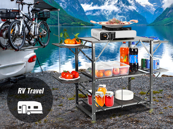 VEVOR Camping Kitchen Table, One-piece Folding Portable Cook Station with A Carrying Bag, Aluminum Camping Table 4 Iron Side Tables & 2 Shelves, Ideal for Outdoor Picnics, BBQs, Camping, RV Traveling