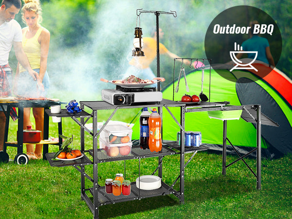 VEVOR Camping Kitchen Table, One-piece Folding Portable Cook Station with A Carrying Bag, Long Aluminum Camping Table 3 Side Tables, 2 Shelves & A Detachable Sink for Outdoor Picnics, BBQs, Camping