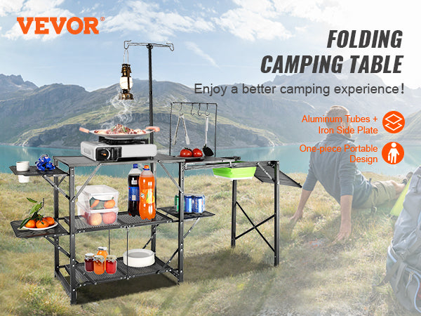 VEVOR Camping Kitchen Table, One-piece Folding Portable Cook Station with A Carrying Bag, Long Aluminum Camping Table 3 Side Tables, 2 Shelves & A Detachable Sink for Outdoor Picnics, BBQs, Camping