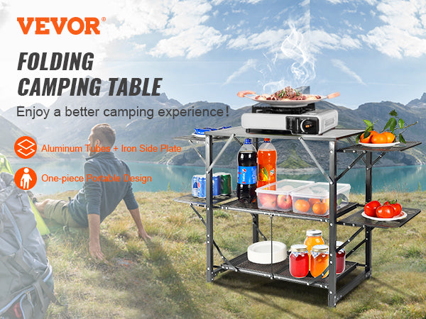 VEVOR Camping Kitchen Table, One-piece Folding Portable Cook Station with A Carrying Bag, Aluminum Camping Table 4 Iron Side Tables & 2 Shelves, Ideal for Outdoor Picnics, BBQs, Camping, RV Traveling