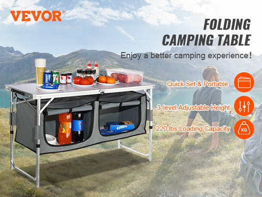 VEVOR Camping Kitchen Table, Quick set-up Folding Camping Table, 3 Adjustable Heights, MDF Camping Table, Ideal for Outdoor Picnics, BBQs, Camping, RV Traveling