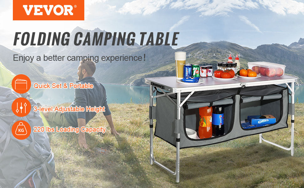 VEVOR Camping Kitchen Table, Quick set-up Folding Camping Table, 3 Adjustable Heights, MDF Camping Table, Ideal for Outdoor Picnics, BBQs, Camping, RV Traveling