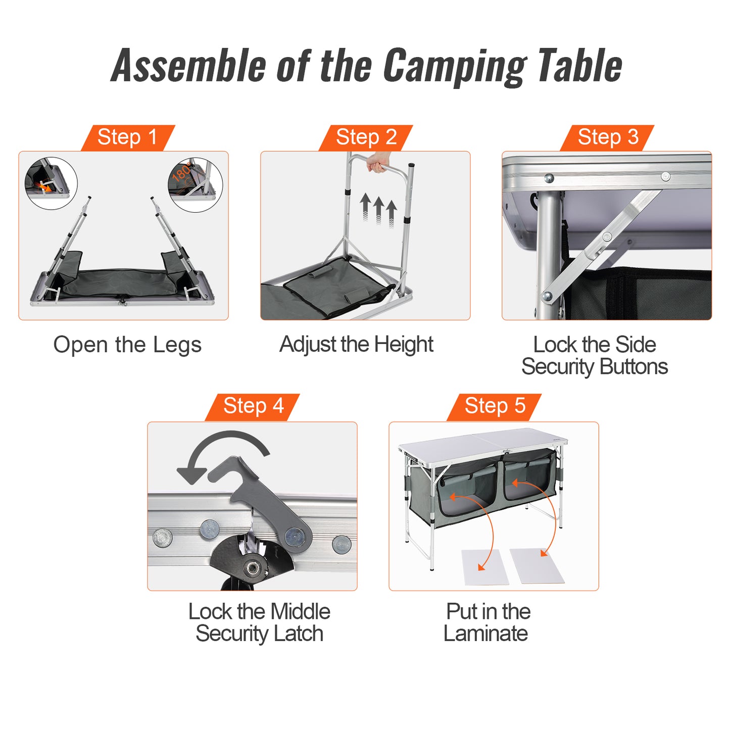 VEVOR Camping Kitchen Table, Quick set-up Folding Camping Table, 3 Adjustable Heights, MDF Camping Table, Ideal for Outdoor Picnics, BBQs, Camping, RV Traveling