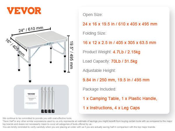 VEVOR Folding Camping Table, Adjustable Height Outdoor Portable Side Tables, Lightweight Fold Up Table, Aluminum & MDF Ultra Compact Work Table, For Cooking, Beach, Picnic, Travel, 24x16 inch, Silver