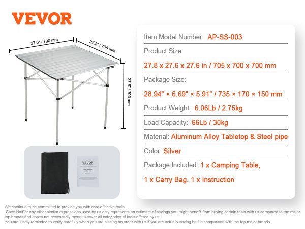 VEVOR Folding Camping Table, Outdoor Portable Side Tables, Lightweight Fold Up Table, Aluminum Ultra Compact Work Table with Carry Bag, For Cooking, Beach, Picnic, Travel, 24x16 inch, Silver